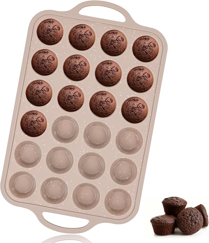 Vinino Mini Silicone Muffin Pans for Baking with Metal Reinforced Frame, 24 Cups Brown Regular Size Nonstick Cupcake Pan, BPA Free Oven Dishwasher Safe Baking Mold for Muffins Cupcakes