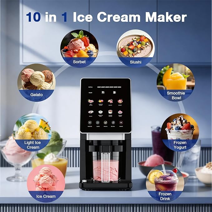 H-Duka 10-in-1 Ice Cream Maker Machine, 800W Frozen Treat Maker for Silky Gelato, Sorbet&Slushies, One-Touch Mix-In & Re-Spin for Creamy Texture, Keto & Vegan, Includes 3 Pints & Recipe Guide, Black