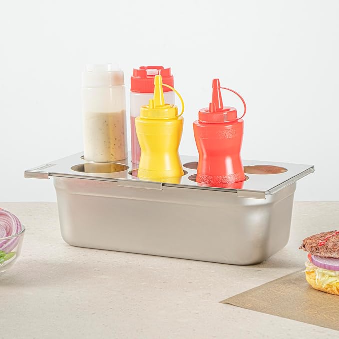 Restaurantware Squeeze Bottle Template Pack of 1 Stainless Steel 7 Hole Holder Top, 2.5" and 2.93" Diameter Fits 1/3 Size Food Pans, Dishwasher Friendly Integrated Lip Design Holder Top