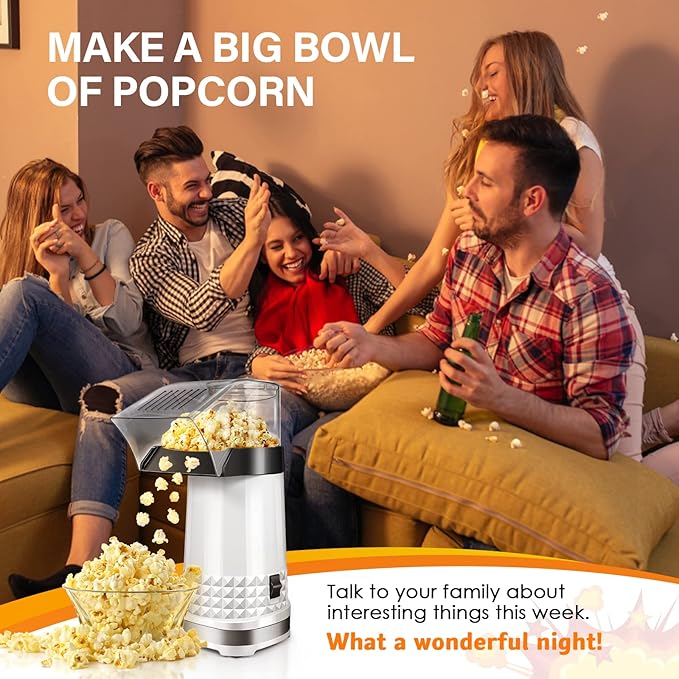 Hot Air Popcorn Machine 1200W, 4.5-Quart Popcorn Maker, No-Oil Air Popper, 2-Min Family Movie-Night Popcorn Popper, Easy Clean, Fat-Free Snack