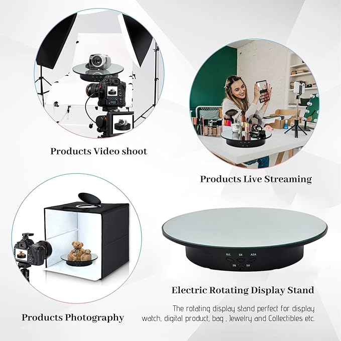 QINMAY 360 Degree Rotating Display Stand,360 Degree Photography Turntable with Remote Control,5 PVC Backgrounds,Battery/USB Power Supply for Photography Product Shows