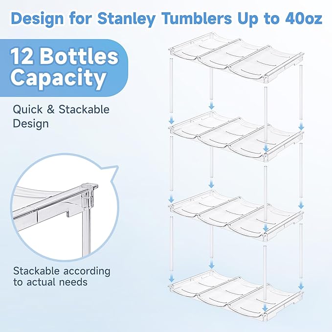 Stackable Water Bottle Organizer for Stanley 40 oz Tumbler, Water Bottle Holder for Cabinet, Pantry Kitchen Organizers and Storage for Stanley Cup Accessories, Tumbler Organizer and Wine Rack, 4Pack