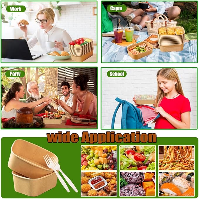 50-Pack 29oz Disposable Kraft Paper Bowls 【with Lids and Forks】Rectangle Cardboard Meal PrepContainers,Paper Leakproof Food Containers,Soup Serving Bowl for Hot/Cold Food-Microwave Safe (29oz 50Count)
