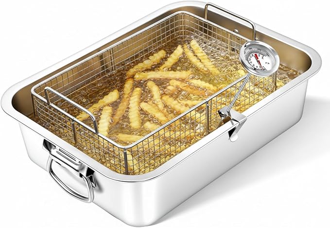 Teenyyou 10 Qt Stove Top Deep Fryer with Basket 304 Stainless Steel Deep Fryer Pan Chicken Frying Pot with Thermometer for Outdoor Kitchen Cooking French Fries Fish