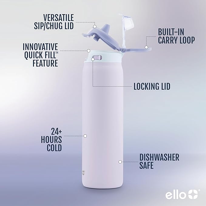 Ello Pop & Fill 40oz Stainless Steel Water Bottle with Quick Fill Technology, Double Walled and Vacuum Insulated Metal, Leak Proof Locking Lid, Sip and Chug, Reusable, BPA Free, Aurora