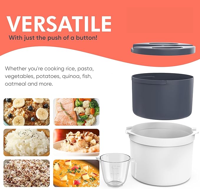 Microwave Rice Cooker Steamer and Pasta Cooker with Strainer - Mess-Free Design, Dishwasher Safe, Cooks Up to 8 Cups