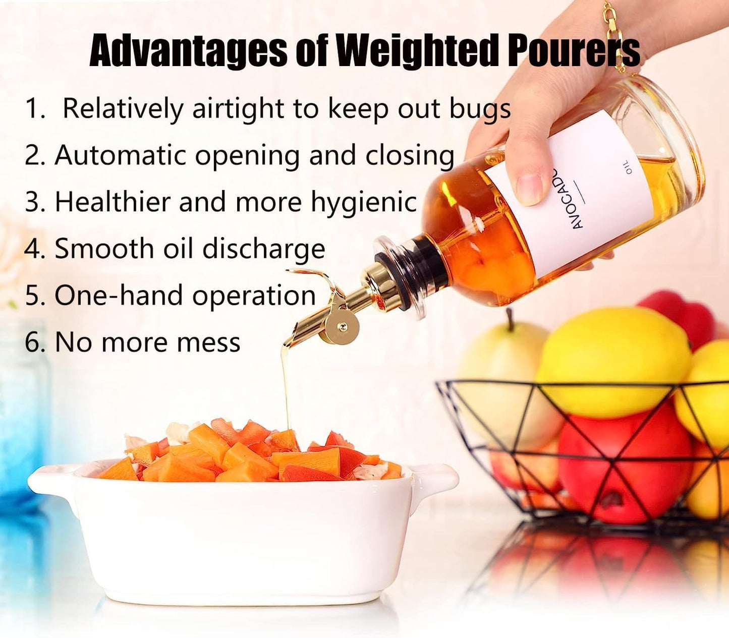 Pafusen 6 Pack Weighted Liquor Pour Spout, Auto Flip Olive Oil Dispenser Spout, Pour Spout for Liquor Bottles, Olive Oil Spout, Bottle Pourers for Alcohol Wine Syrup Home Bar Accessories Silver