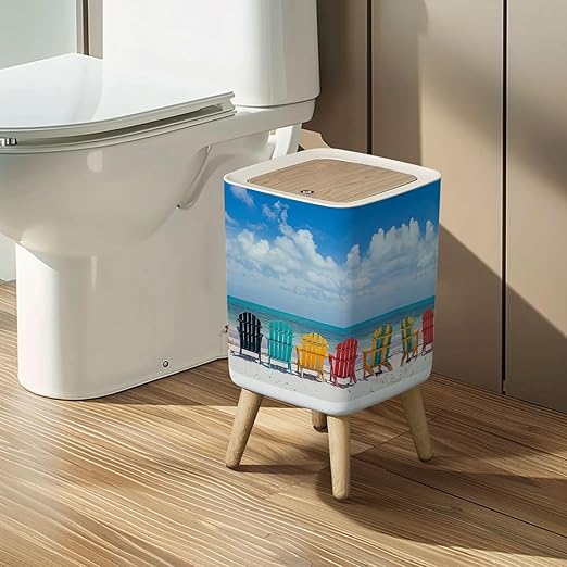 Small Trash Can with Lid Beautiful Color Chairs Beach Wastebasket with Press Cover Dog Proof Garbage Can Waste Bin for Kitchen Bathroom Nursery 2.6 Gallon