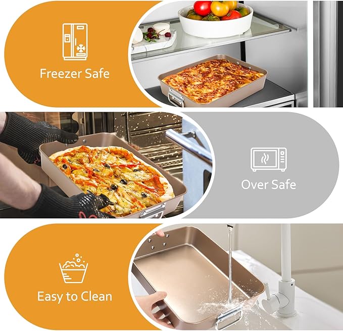 Roasting Pans with Handles, Bakeware Nonstick Steel Roaster with Flat Rack, Lasagna Pan 3 Inch Deep Baking Pan for Oven, Rectangle Cake Pans, Heavy Duty, Dishwasher Safe, 2 Pcs 13.7"16", Gold