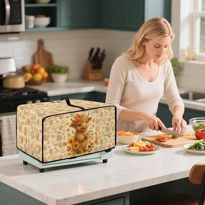 Toaster Oven Dust Cover Dustproof Convection Microwave Ovens Cover Stain-resistant Small Countertop Appliance Protector, M, Highland Cow Coffee Sunflower Fall Decor