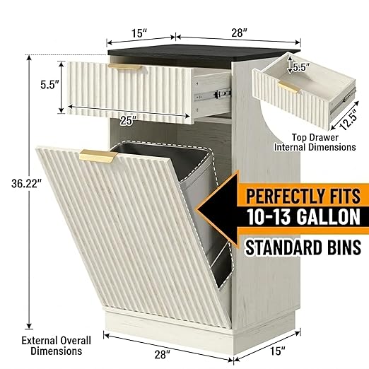 13 Gallon Tilt Out Trash Can Cabinet with Storage, Wooden Farmhouse Trash Can Kitchen Hideaway, Sturdy Freestanding Single Trash Cabinet, Pet-Proof Hidden Garbage Can Cabinet for Kitchen, (White)