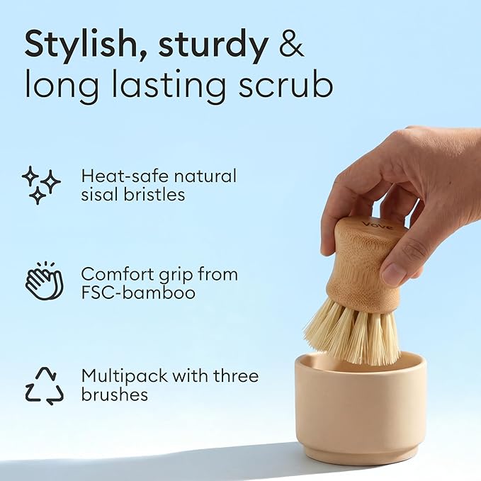 Vove Cleaning Essentials Set – Bamboo Dish Brush with Replacement Head, 2 Scrub Brushes, 2 Scrub Sponges – FSC Certified, Plastic-Free, Natural Bristles & Loofah – Eco-Friendly Kitchen Cleaning Kit