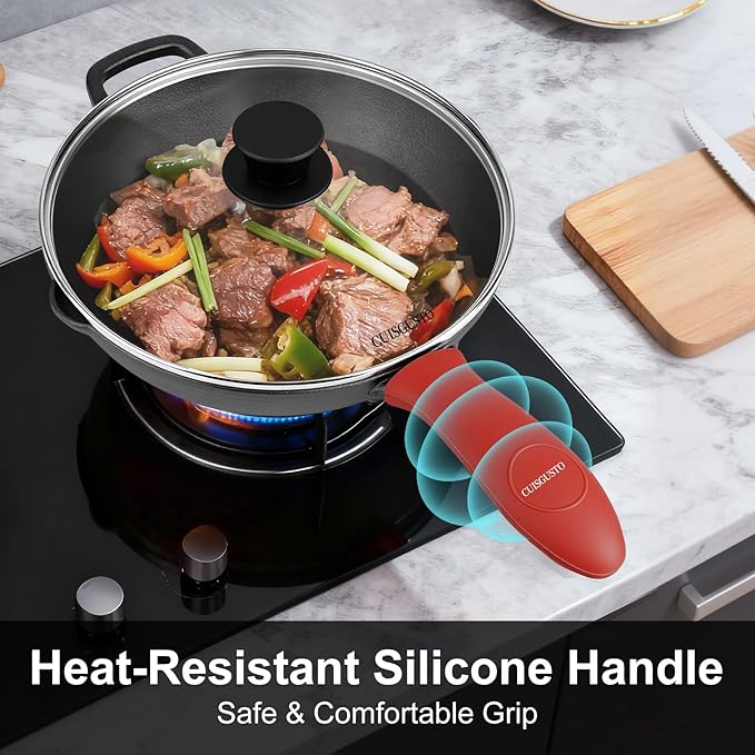 12-Inch Cast Iron Skillet with Tempered Glass Lid, Even Heating & Durable Nonstick, Includes Silicone Handle Cover & Pan Scraper, Ideal for Holiday Cooking & Gifting