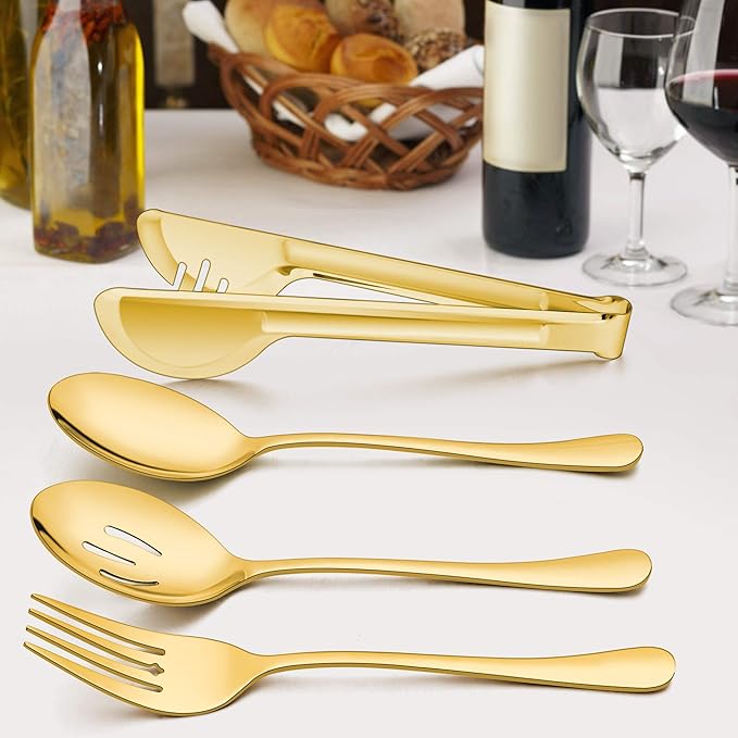 LIANYU 12-Piece Large Gold Serving Utensils Set, 9.8 Inch Stainless Steel Serving Spoons Forks Tongs Set, Perfect for Hostess Buffet Catering Party, Dishwasher Safe