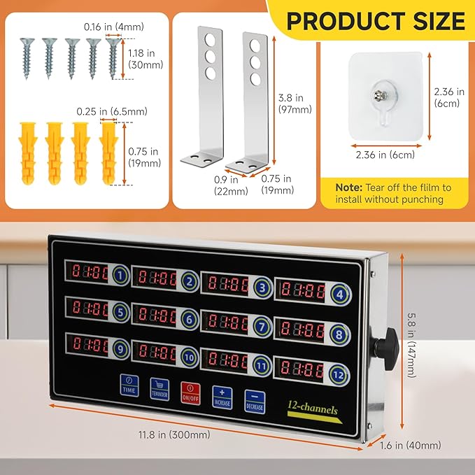 Commercial Kitchen Timers for Cooking, 12-Channel Timer for Commercial Kitchens, Heavy-Duty Loud Alarm Timer for Restaurants, Stainless Steel, LED Technology