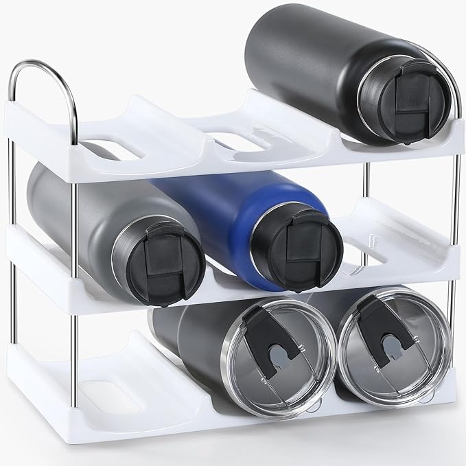 LANDNEOO Stackable Water Bottle Organizer Holder - for Stanley & Others' Large Tumbler Organization - White Plastic Wine Rack, Bottle Holder for Home Countertop Fridge Pantry Shelf, 3 Tier Hold 9
