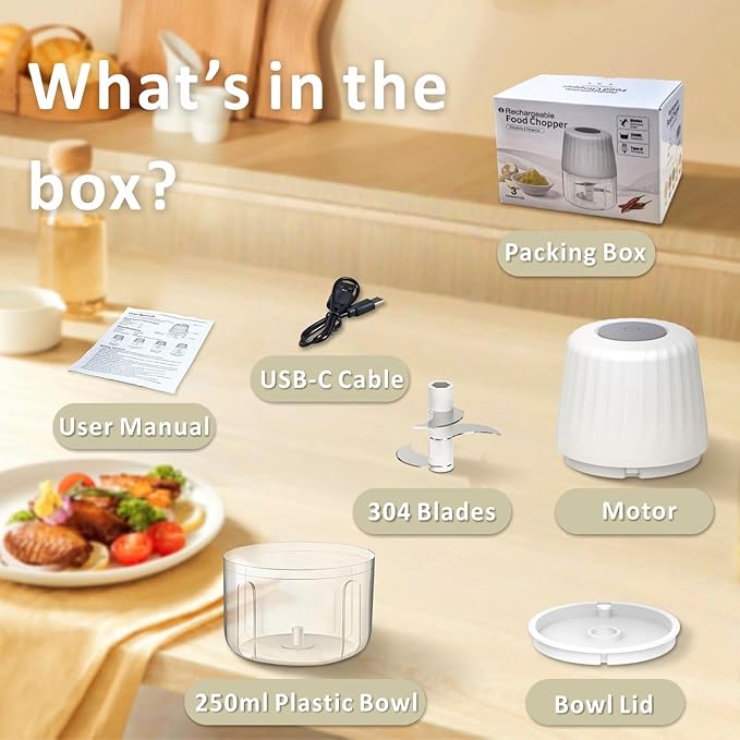 Mini Garlic Chopper, 250ml Small Food Processor Cordless 1 Cup, Battery USB-C Rechargeable Electric Food Chopper Wireless, Portable Garlic Grinder Masher,Veggie Meat Blender Mincer Kitchen Mixer,White