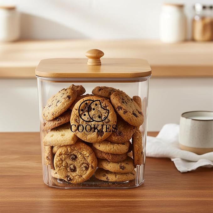 Cookie Jars with Wooden Lids Airtight, 2L Plastic Cookie Tin, Wide Mouth Candy Jar, Kitchen Counter Food Storage Container, Cute Jar for Gift Giving, BPA-Free, Clear
