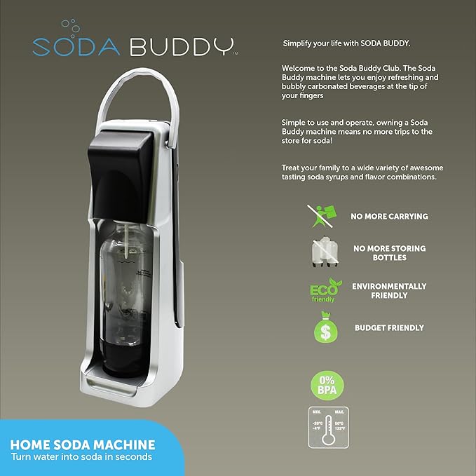 Flame King SodaBuddy Sparkling Water and Soda Maker, Bundle Includes 1 Soda Machine, 1 BPA-Free Bottles, and 1 4-Oz CO2 Carbonator