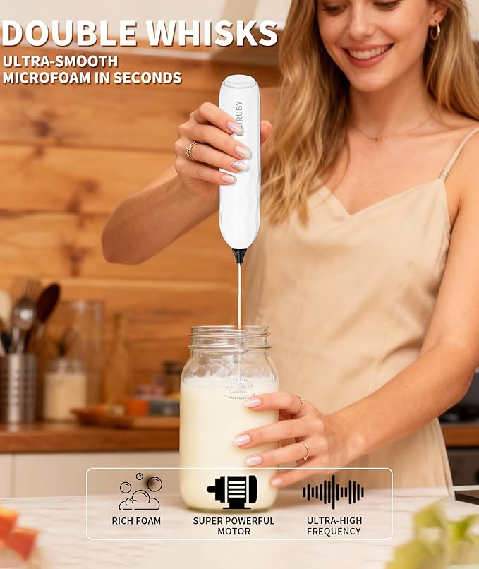 MEIRUBY 2-Pack Milk Frother Handheld with Stand, Valentines Day Gifts for Him and Her, Powerful Electric Coffee Frother, Coffee Lover Gift for Lattes, Cappuccino, Matcha & Hot Chocolate, Black/White