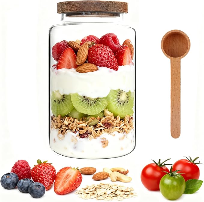 Large Glass Coffee Storage Jar with Lids Spoon Thicken Glass Coffee Canister Borosilicate Glass Food Containers for Ground Coffee Beans Nut Pasta Sugar Candy Spice Rice Loose Tea (2800ml/94oz)