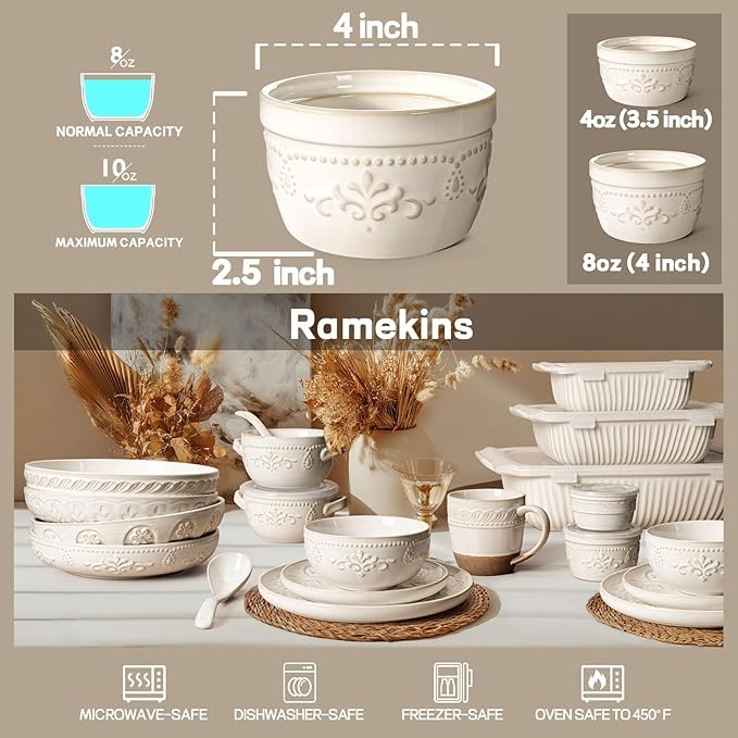 Artena Ramekins Oven Safe, Creme Brulee Ramekins, Embossed White Ceramic Ramiken, Souffle Pudding Custard Cups, Baking Dish, Dipping Bowls, Sauce Cups, Set Of 4 (Multiple Patterns, 8 oz)