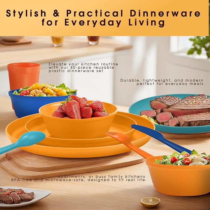40 Piece Plastic Dinnerware Set for 8 with Cutlery, Unbreakable Plates and Bowls Set, Dishwasher & Microwave Safe Reusable Dish Set for Camping, RV, Outdoor Kitchen, Apartment Dining,Tropic Multicolor