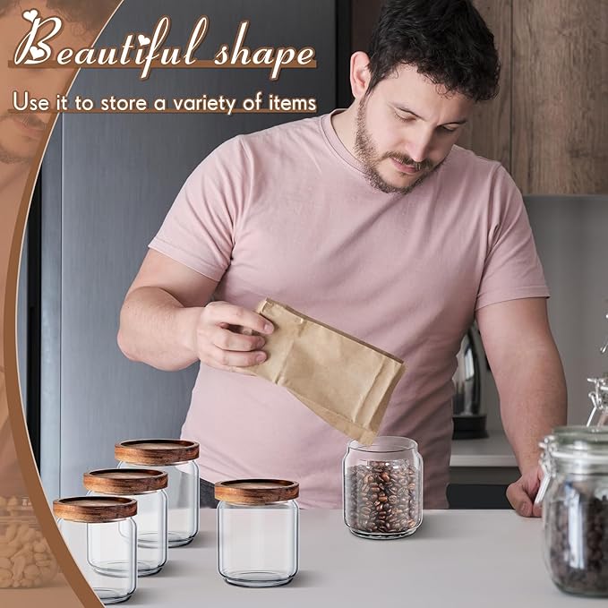 Irenare 24 Pack Glass Containers Canister Set, 17 oz Food Storage Spice Jars with Airtight Lids, Clear Kitchen Containers for Coffee Sugar Tea Beans Nuts Candy Pantry Organization (Wood)
