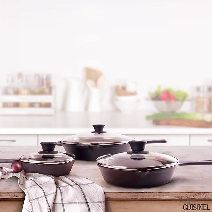 Cuisinel Cast Iron Skillet Set - 6"+8"+10"-Inch + Glass Lids + Silicone Handle Holder Covers - Pre-Seasoned Frying Pan - Oven Safe Cookware - Indoor/Outdoor, Grill, BBQ, Fire, Stovetop, Induction Safe