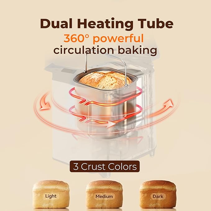 Rosewill 25-in-1 Automatic Bread Maker Machine with 3 Loaf Size up to 2 Lb, 700W High Power Dual Heater Bread Maker with BPA-free Nonstick Coating Pan, Max 15 Hours Delay Timer, Low Noise - Gray