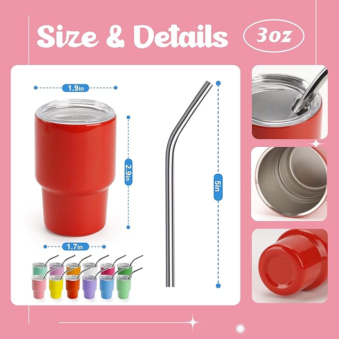 Joyclub 3 oz Mini Tumbler Shot Glass with Straw and Lid 12 Pack Colored Stainless Steel Sublimation Shot Tumblers Mini Cup for Wedding Party Whiskey Favors