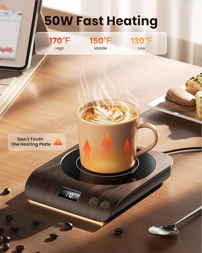 Gaiatop Coffee Mug Warmer, 3 Temperature Settings, 2-10H Auto Shut Off and Warm Strip Indicator Lights, 50W Smart Cup Warmers Fast Heating Plate for Tea Milk Cocoa Candle, Stocking Stuffers, Wood
