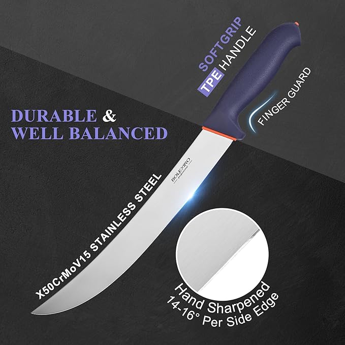 10.5 inch Curved Cimeter Knife W/Non-slip Softgrip, Butcher Knife For Meat Cutting, X50CrMoV15 Stainless Steel, Ideal for Hunting, Kitchen & Home Use