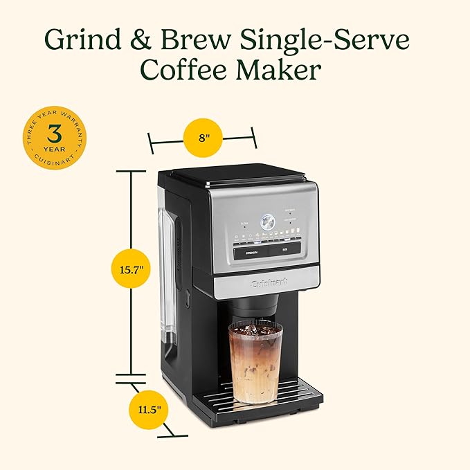 Cuisinart Coffee Maker, Grind and Brew Single Serve Coffee Maker, 6 Cup Sizes, Built-in Stainless Steel Burr Mill, Adjustable Strength, Grind Control and Over Ice Feature, Easy Cleaning, DGB-30