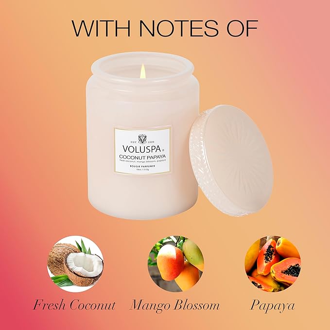Voluspa Coconut Papaya, Large Candle Jar, 18 oz, 100 Hour Burn Time, Coconut Wax for Clean Burning, Handcrafted in The USA