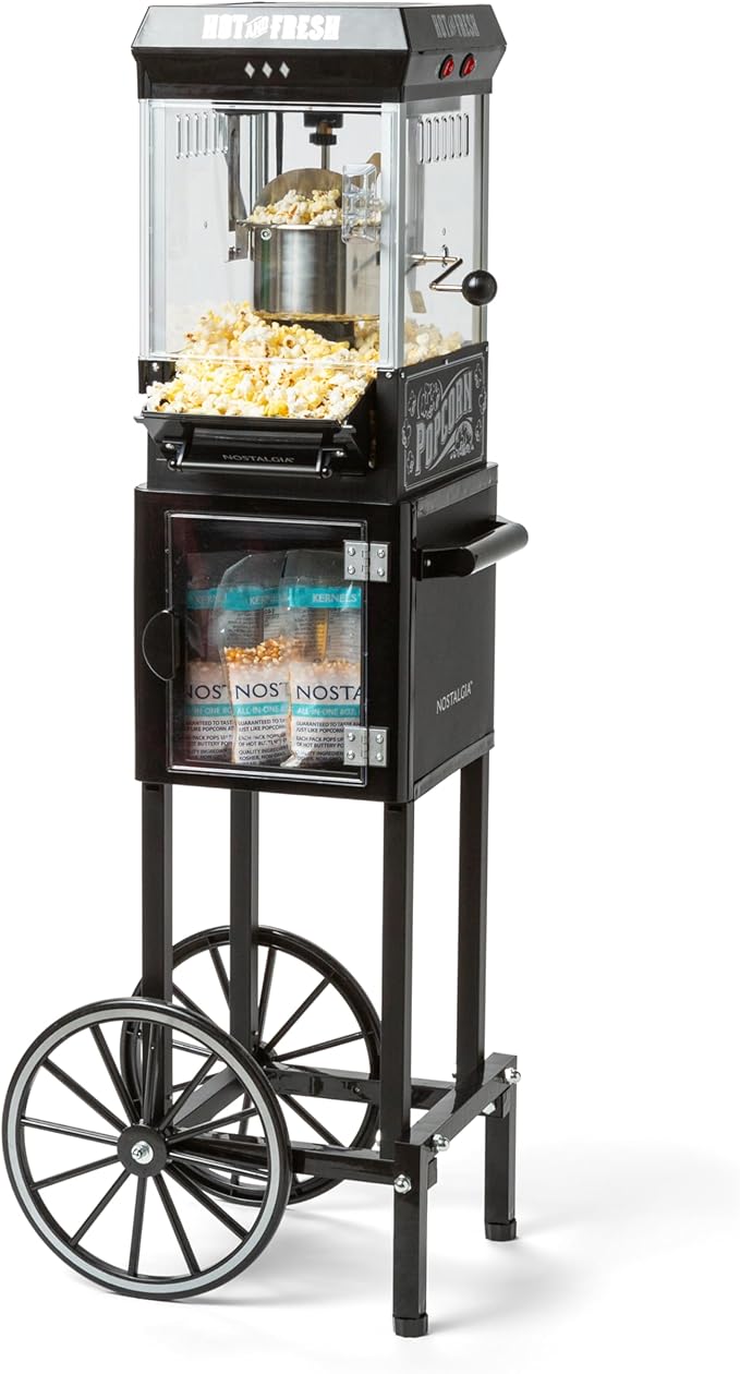 Nostalgia Popcorn Maker Machine - Professional Cart With 2.5 Oz Kettle Makes Up to 10 Cups - Vintage Popcorn Machine Movie Theater Style - Black