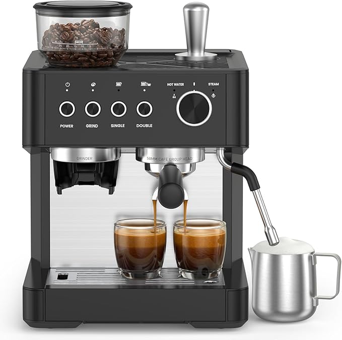 Kismile 20-Bar Espresso Machine with Grinder, Expresso Coffee Machines Coffee Maker with Grinder, Milk Frother/Steam Wand & Tamping Tools for Cappuccino & Latte