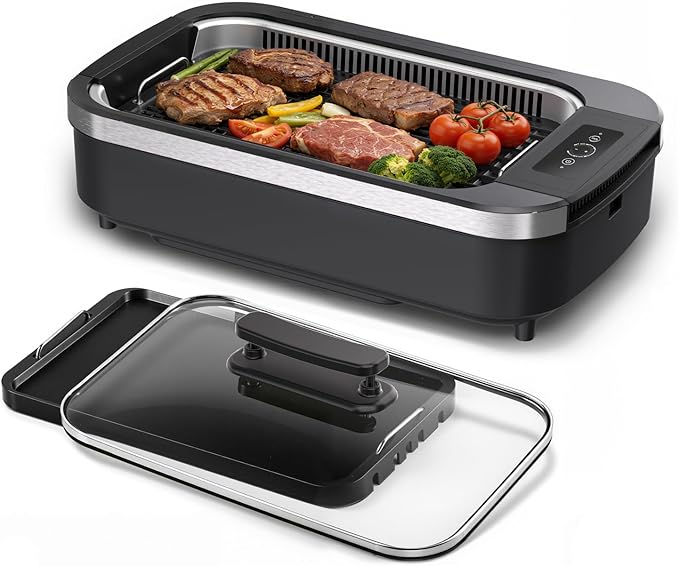 Smokeless Indoor Grill, COWSAR 1500W Electric Grill Indoor with Drip Tray & Tempered Glass Lid, Portable Non-Stick Korean BBQ Grill, 6-Level Control, 90 Min Auto Timer, Dishwasher Safe, Black