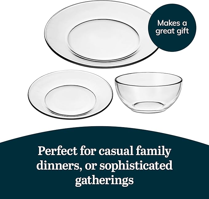 Libbey Round 12 Piece Glass Dinnerware Set, Stackable Glass Plate and Bowl Set w/Round Shape, Modern Plates and Bowls Sets for Gatherings, and Everyday Use