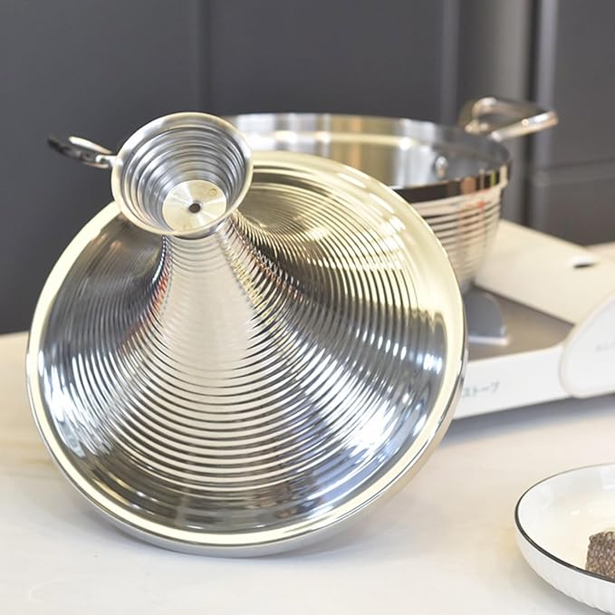 Moroccan Tagine Cooking Pot,Stainless Steel Non Stick Moroccan Casserole with 2 Handles,Large Moroccan Cooker Handmade Tagine Pot with Cone-Shaped Lid(29cm, Silver)