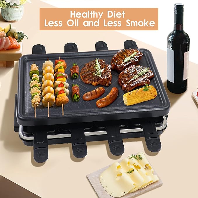 Electric Raclette Grill & Korean BBQ - 8 Non-Stick Cheese Trays, 1300W with Temperature Control, Dishwasher-Safe Indoor Grill for Family Gatherings & Interactive Dinner Parties