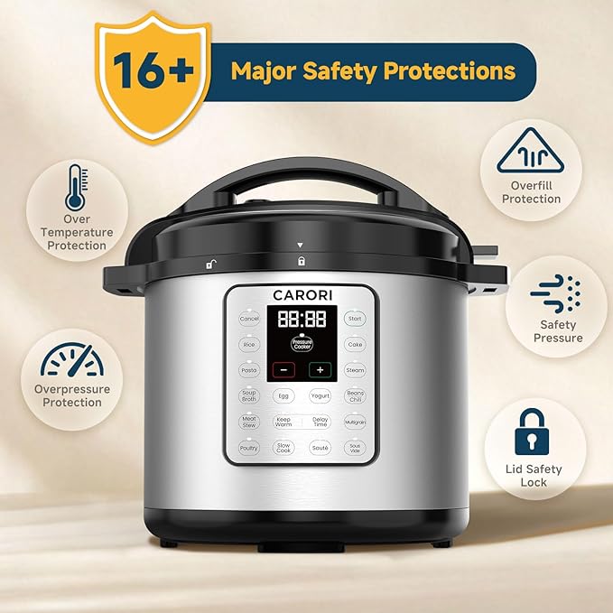8Qt 12-in-1 Electric Pressure Cooker, 1200W Stainless Steel Multi-Cooker, Slow Cook, Rice Cook, Steamer, Sauté, Yogurt Maker, Warmer & Sterilizer, Safer Venting Design with Recipe Book, Silver