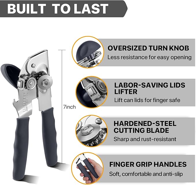 Can Opener Manual Heavy Duty, UHIYEE Hand Held Can Openers for Seniors with Comfort Grip Sharp Blade, Solid Steel Hand Manual Can Open with Magnet for Kitchen Camping, Gray