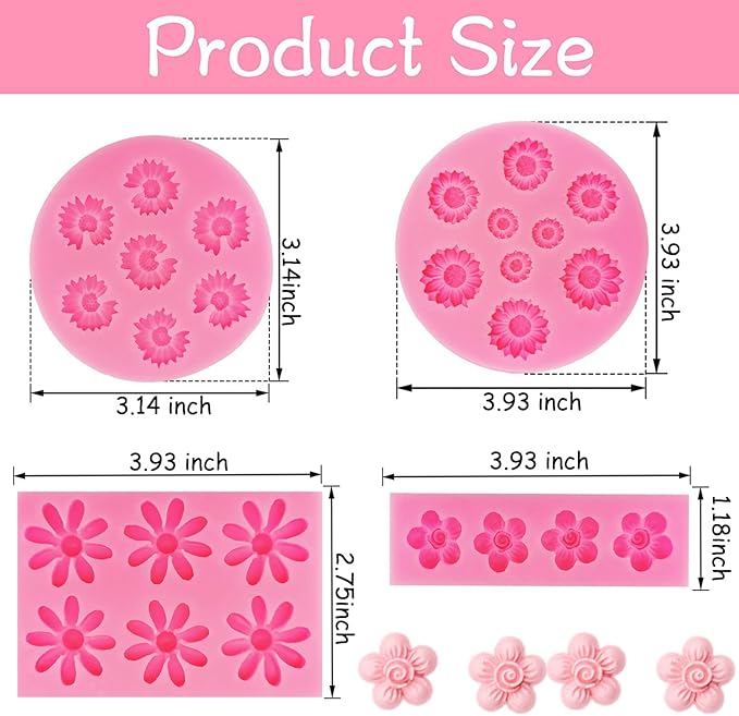 4Pcs Daisy Flower Silicone Molds Chrysanthemum Silicone Molds Small Flower Shapes Fondant Cake Chocolate Molds Polymer Clay Resin Mold for Cake Decoration Candy Ice Cube Soap Wax Making DIY Craft