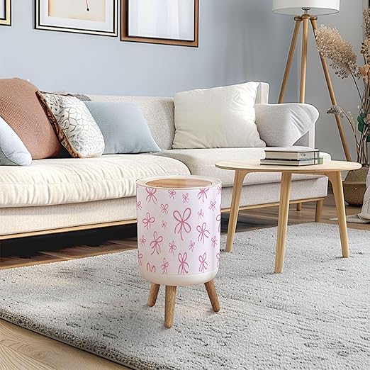 Trash Can with Lid Seamless Pink Ribbon Bow Press Top Round Small Garbage Bin with Wooden Legs Waste Basket for Kitchen Bedroom Nursery 7L/1.8 Gallon