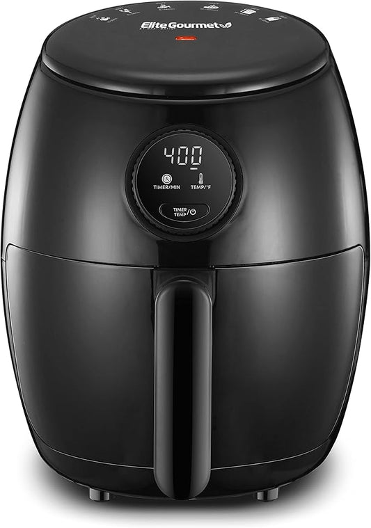 Elite Gourmet EAF-2612DX Personal 2.1Qt Compact Space Saving Programmable Hot Air Fryer, Oil-Less Healthy Cooker, Timer & Temperature Controls, 1000W, Black