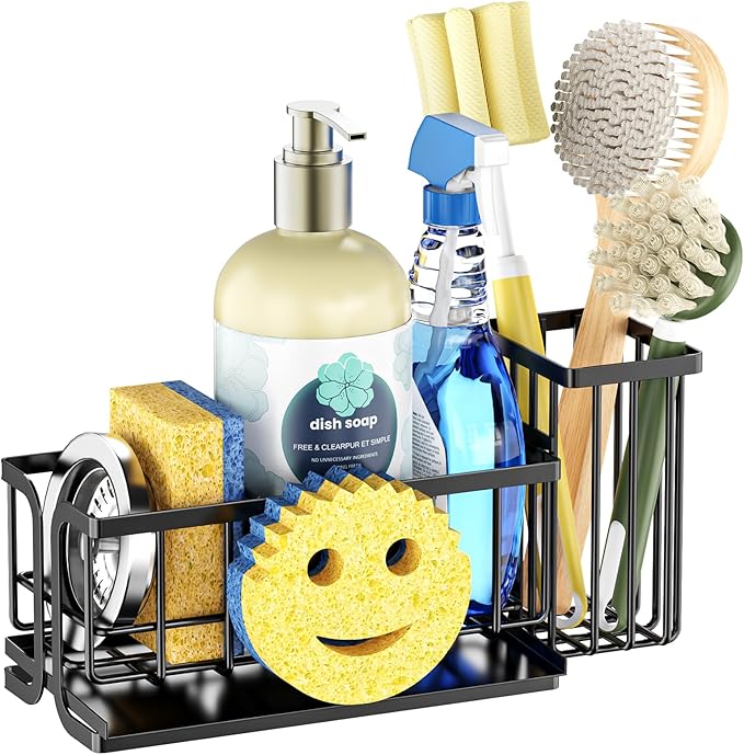 Epicano Sink Caddy Sponge Holder, Smiley Face Sponge Rack with High Brush Holder,Rustproof Kitchen Countertop Organizer,Kitchen Gadgets Sink Accessories, Black