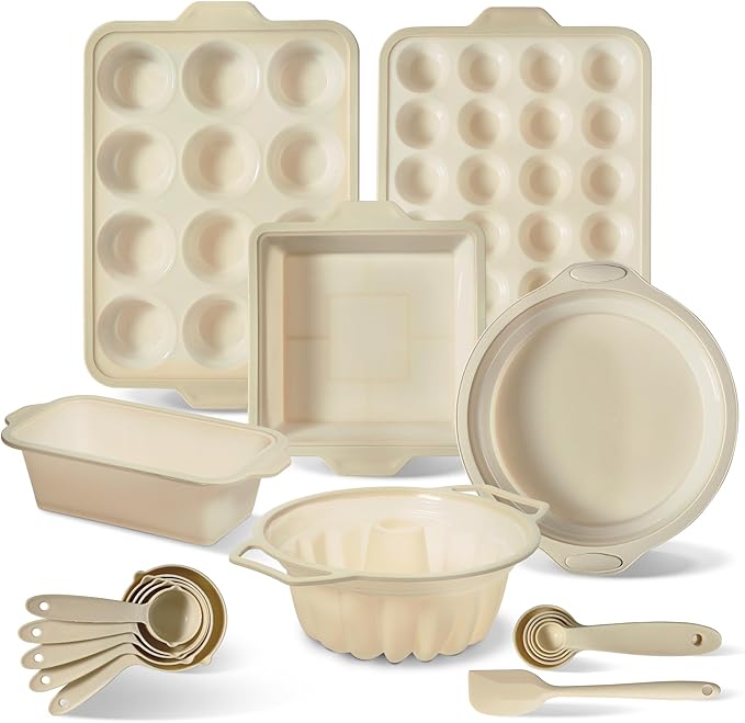 COOK WITH COLOR 17 Pc. Silicone Baking Pan Set - Non-Stick & Easy Clean Silicone Muffin Pans for Baking with Sturdy Metal Frame for Stability, Flexible Cake Molds, Includes Measuring Cups and Spoons