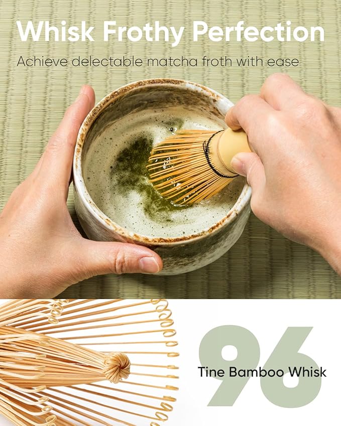 Matcha Whisk and Holder Set, Bamboo Brush, Scoop, Tea Spoon and Ceramic Whisk Stand, Traditional Green Tea Making Kits