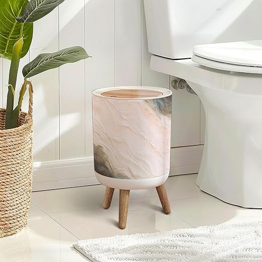 Trash Can with Lid Marble wall white brown ink swirl yellow green graphic abstract light Press Top Round Small Garbage Bin with Wooden Legs Waste Basket for Kitchen Bedroom Nursery 7L/1.8 Gallon